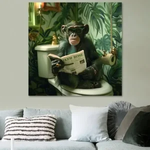 Aap leest krant in badkamer in jungle-stijl van Poster Art Shop - NL1402099M13S60x60 Prix Cassé