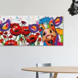 2 Koeien en rozen | Panorama van Vrolijk Schilderij - NL1352441M13S105x35 Livraison Express