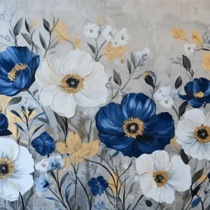 Meilleure Vente Blauwe Bloemenpracht Op Gouden Bladeren - Olieverf / 40x60