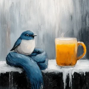 Blauw vogeltje en warme mok - Olieverf / 60x80 Pas Cher