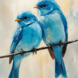 Blauwe vogeltjes op tak - Olieverf / 50x75 Livraison Express