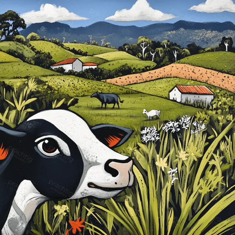 Acheter En Ligne Boerderijlandschap met nieuwsgierige koe - Canvas / 50x50