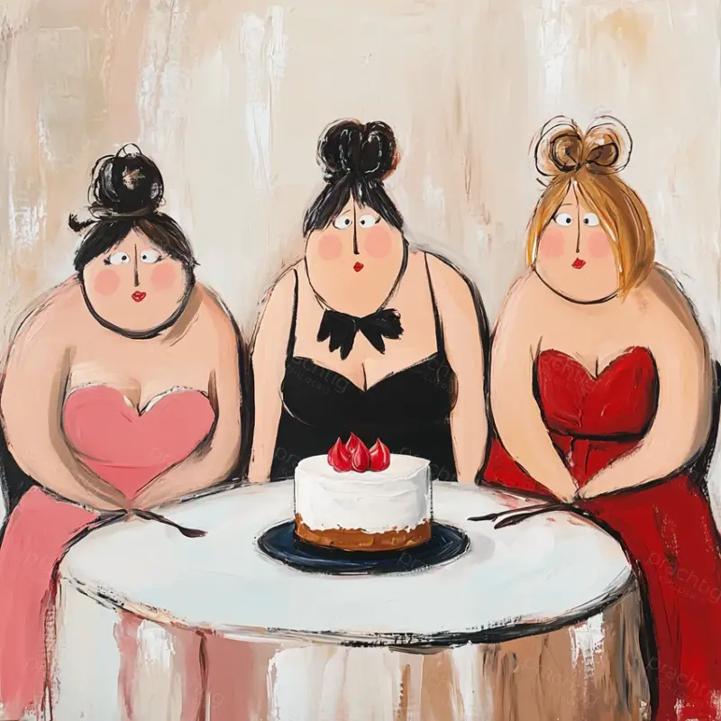 Achat Immédiat Drie Vriendinnen en Een Taart - Olieverf / 30x30