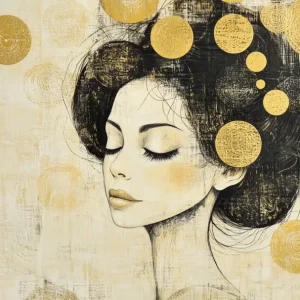 Achat Immédiat Dromerige Vrouw met Gouden Cirkels - Olieverf / 30x40