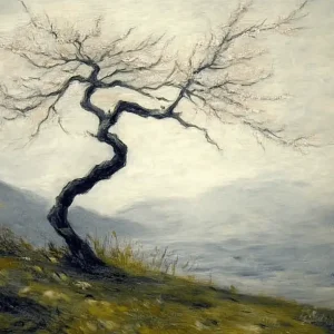 Achat Immédiat Eenzame boom in mistig landschap - Olieverf / 60x80