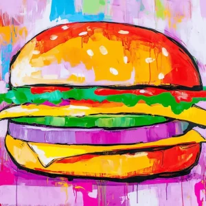 Achat Immédiat Kleurrijke Burger op Vrolijke Achtergrond - Olieverf / 60x80