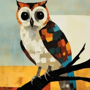 Authentique Kleurrijke Uil op Tak - Olieverf / 30x40