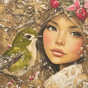 Acheter En Ligne Meisje met vogel en rode bessen - Olieverf / 60x80