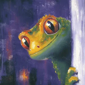 Authentique Nieuwsgierige Gecko op Paarse Achtergrond - Olieverf / 30x40