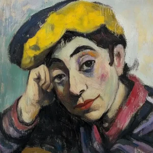 Acheter En Ligne Peinzende Clown in Gele Baret - Dibond / 30x40