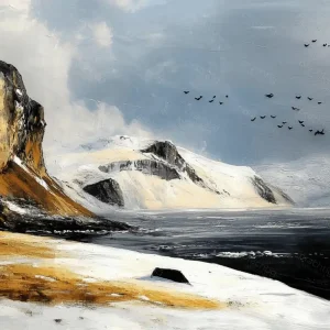 Achat Immédiat Rotsachtige kust met besneeuwde bergen - Olieverf / 30x40