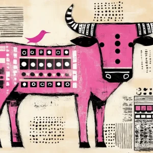 Achat Immédiat Roze Stier met Vogel - Olieverf / 60x80