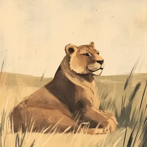 Authentique Rustende leeuwin in het gras - Olieverf / 30x40