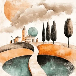 Achat Immédiat Rustiek dorp in zachte tinten - Dibond / 30x40