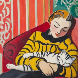 Authentique Slapende Vrouw Met Kat - Canvas / 30x40