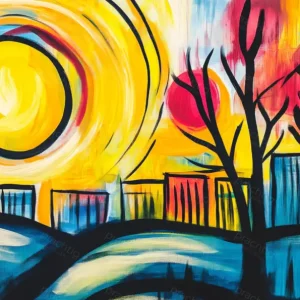 Acheter Direct Stadse Zonsopkomst met Bomen - Canvas / 60x90