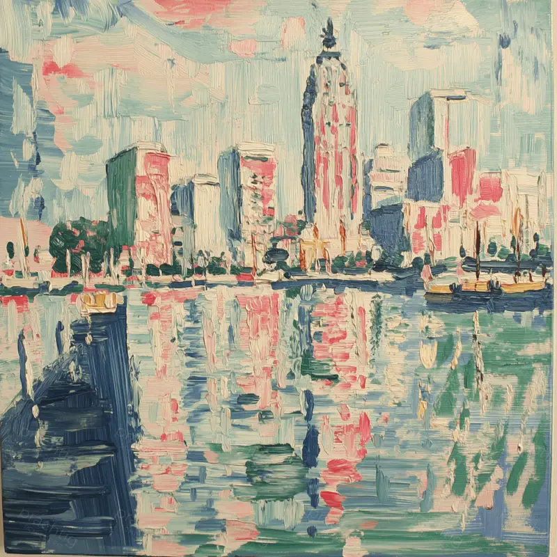 Achat Immédiat Stadsgezicht met Reflecties - Olieverf / 50x50