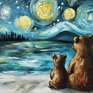 Authentique Sterrennacht met beren - Olieverf / 60x80