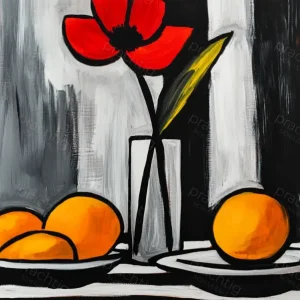 Achat Immédiat Stilleven met Rode Bloem en Sinaasappels - Olieverf / 30x40