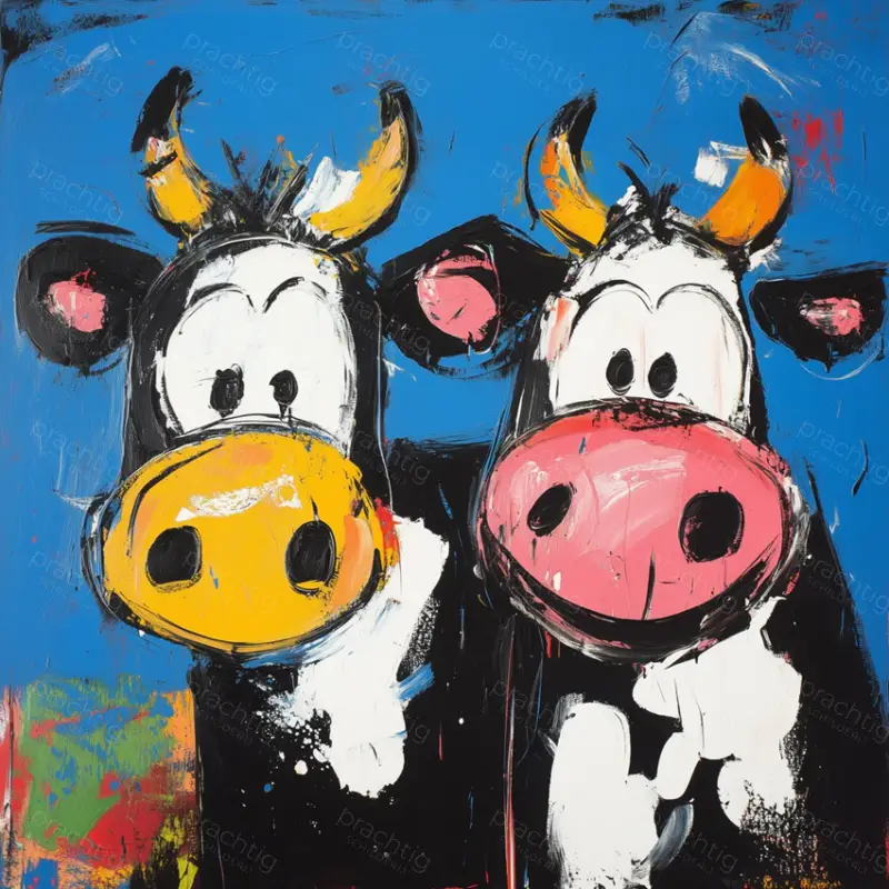 Achetez Aujourd’hui Twee vrolijke koeien op blauw - Olieverf / 50x50