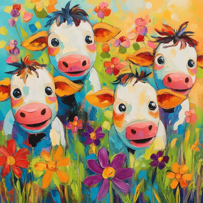 Achat Immédiat Vrolijke Koeien in Bloemenveld - Canvas / 30x30