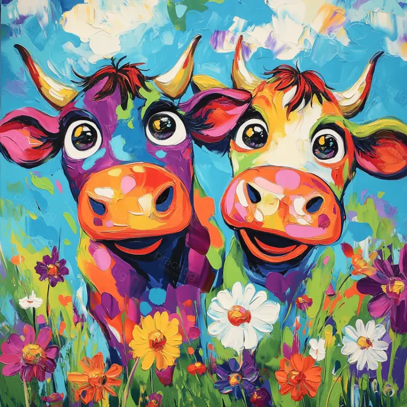 Acheter Direct Vrolijke Koeien in Bloemenveld - Olieverf / 30x30