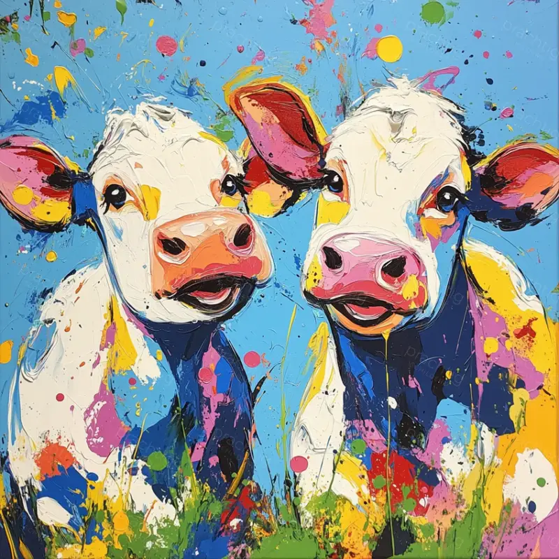 Acheter Direct Vrolijke Koeien in Kleurenspel - Olieverf / 60x60