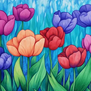 Acheter Direct Vrolijke tulpenzee in blauw - Dibond / 60x80