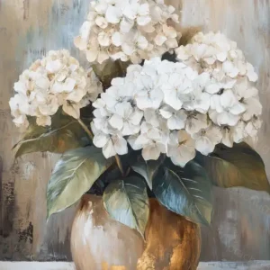 Witte Hortensia's in Gouden Vaas - Olieverf / 50x75 Prix Réduit