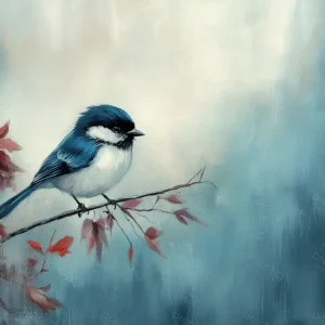 Zangvogel op Tak met Rode Bladeren - Olieverf / 60x80 Bon Plan