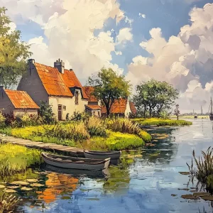 Zomers Dorp aan de Rivier - Olieverf / 60x80 Prix Choc