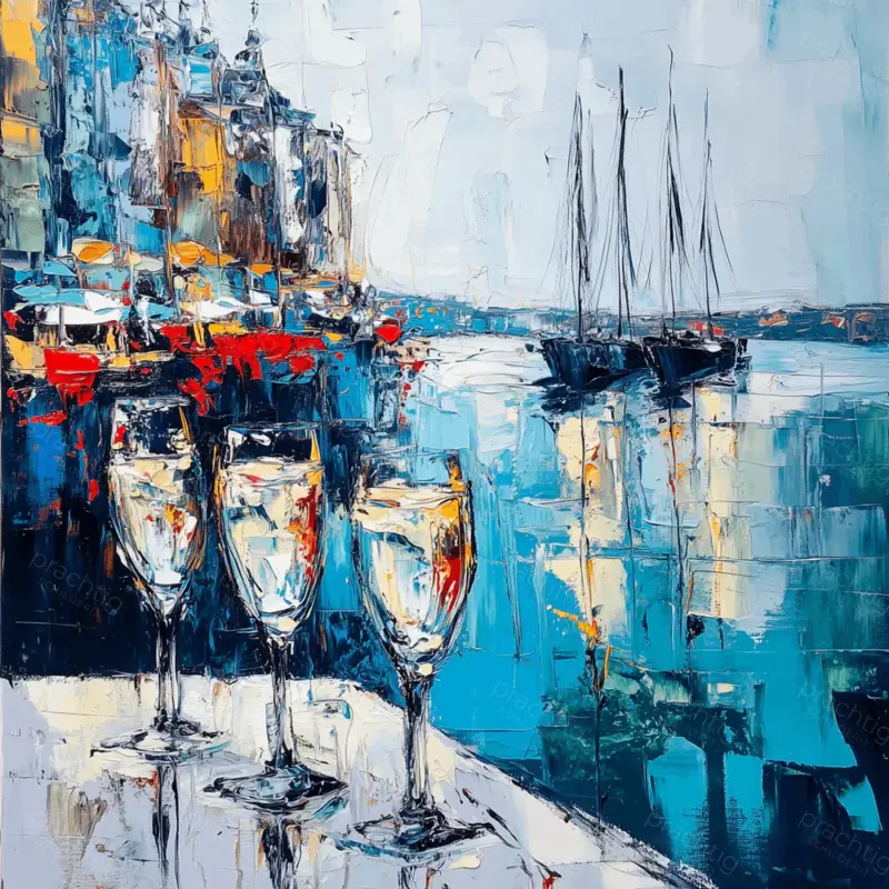 Zomers havenzicht met glazen - Olieverf / 40x40 Haute Qualité