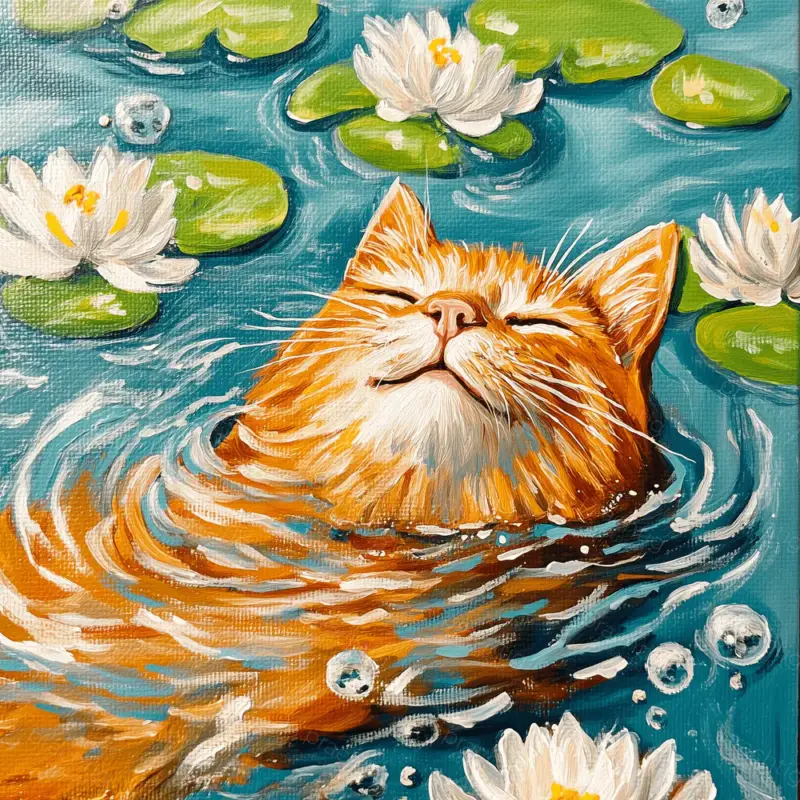 Zonnende Kat Tussen Waterlelies - Canvas / 30x30 Retour Gratuit