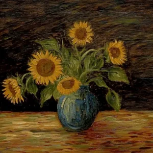 Acheter Direct Zonnebloemen in Blauwe Vaas - Dibond / 60x80