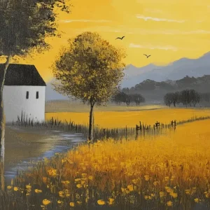 Zonnige velden en stille huizen - Olieverf / 30x40 Certifié