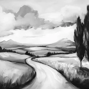 Zwart-wit landschap met weg - Olieverf / 30x40 Livraison Gratuite