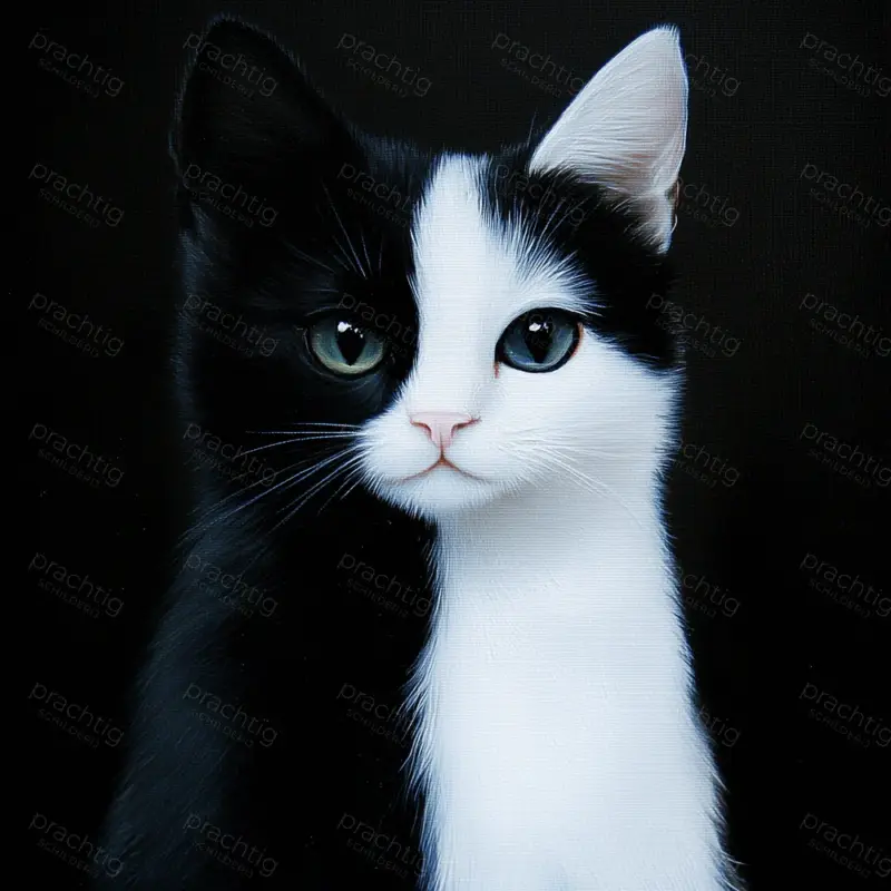 Zwart-witte kat op donkere achtergrond - Olieverf / 30x30 Soldes