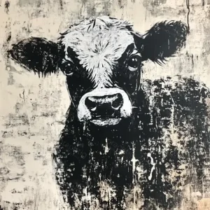 Zwart-Witte Koe met Intense Blik - Olieverf / 30x40 Meilleur Prix