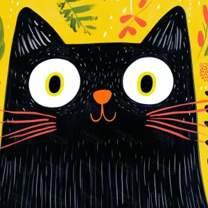 Zwarte Kat op Gele Achtergrond - Olieverf / 30x40 Nouveauté