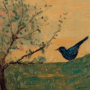 Zwarte vogel bij bloeiende boom - Olieverf / 60x80 Jusqu’à Épuisement Des Stocks