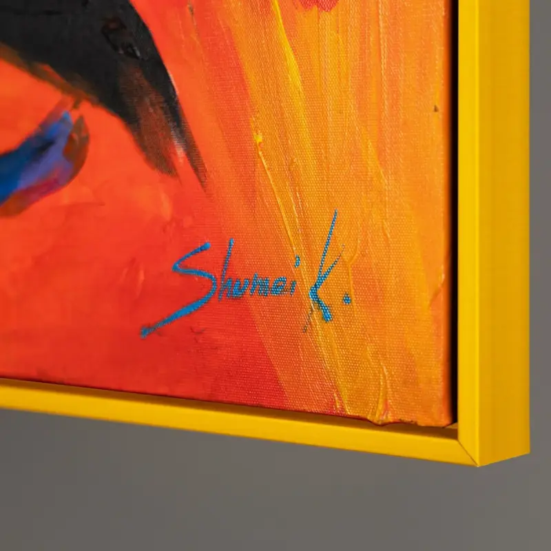 Usine Directe Abstract schilderij met lijst "Colors of Love" moderne gezichten in levendige kleuren - 120x80cm met gele lijst