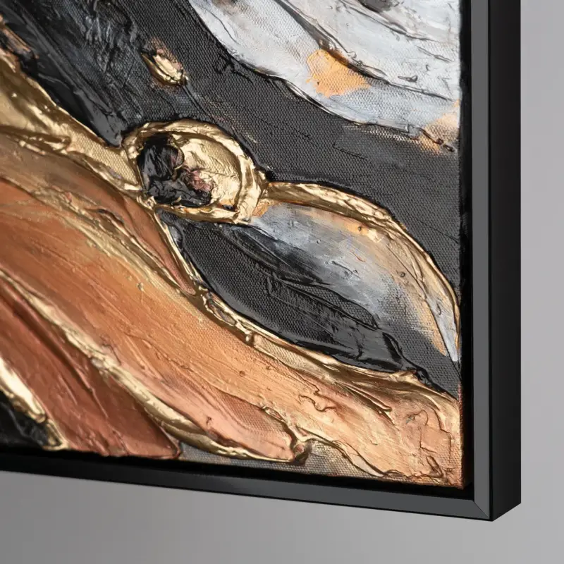 Abstract acryl schilderij in zwart en goud - schilderij met lijst voor woonkamer "Wild Energy" - 120x60 grijs frame Acheter En Ligne