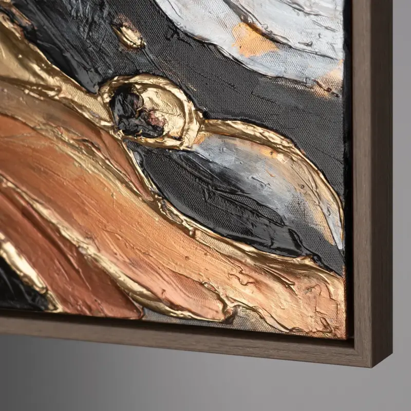 Abstract acryl schilderij in zwart en goud - schilderij met lijst voor woonkamer "Wild Energy" - 120x60 grijs frame / Grau Rahmen / Vertikal Vente Flash