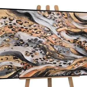 Abstract acryl schilderij in zwart en goud - schilderij met lijst voor woonkamer "Wild Energy" - 140x70 grijs frame / Schwarz Rahmen / Horizontal Jusqu’à Épuisement Des Stocks