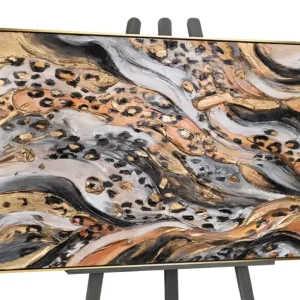 Abstract acryl schilderij in zwart en goud - schilderij met lijst voor woonkamer "Wild Energy" - 160x80 grijs frame / Gold Rahmen / Horizontal Bon Marché
