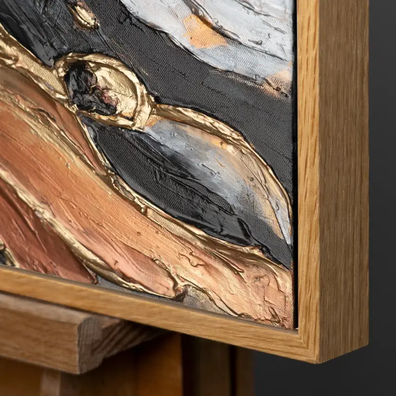 Abstract acryl schilderij in zwart en goud - schilderij met lijst voor woonkamer "Wild Energy" - 160x80 grijs frame / Natur Holz Rahmen / Vertikal Top Vente