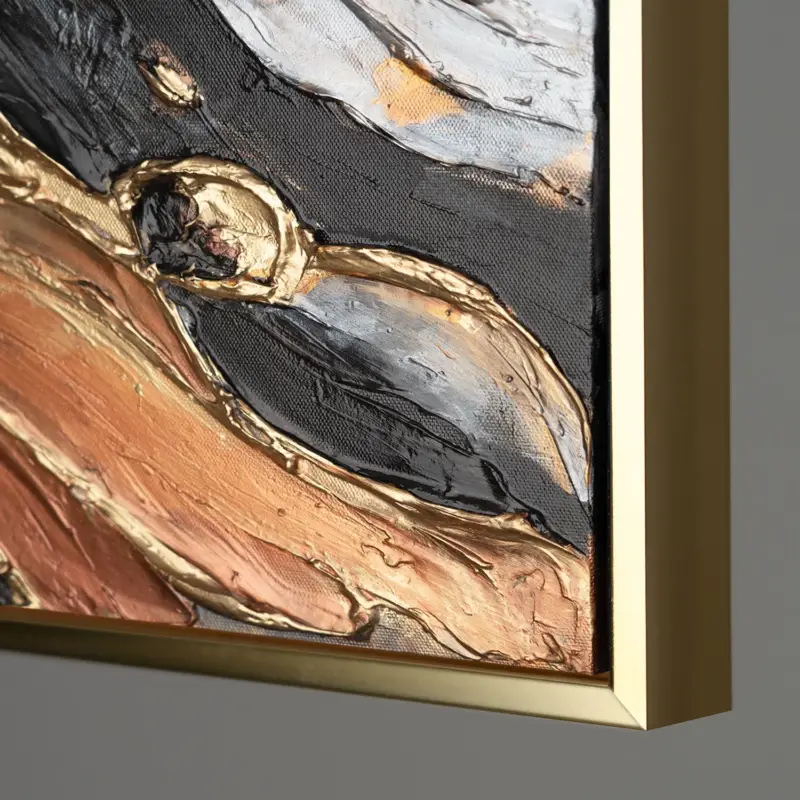 Abstract acryl schilderij in zwart en goud - schilderij met lijst voor woonkamer "Wild Energy" - 200x100 grijs frame / Gold Rahmen / Vertikal Bon Marché