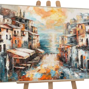 Abstract acryl schilderij met lijst – Moderne wanddecoratie "Stad aan Zee" - 120x80 beige lijst Haute Qualité