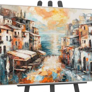 Abstract acryl schilderij met lijst – Moderne wanddecoratie "Stad aan Zee" - 120x80 witte lijst Satisfait Ou Remboursé