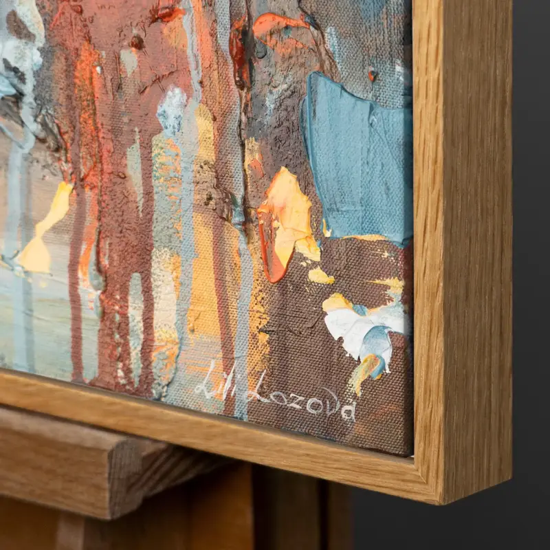 Abstract acryl schilderij met lijst – Moderne wanddecoratie "Stad aan Zee" - 120x80 Natur Holz Rahmen Produit De Marque